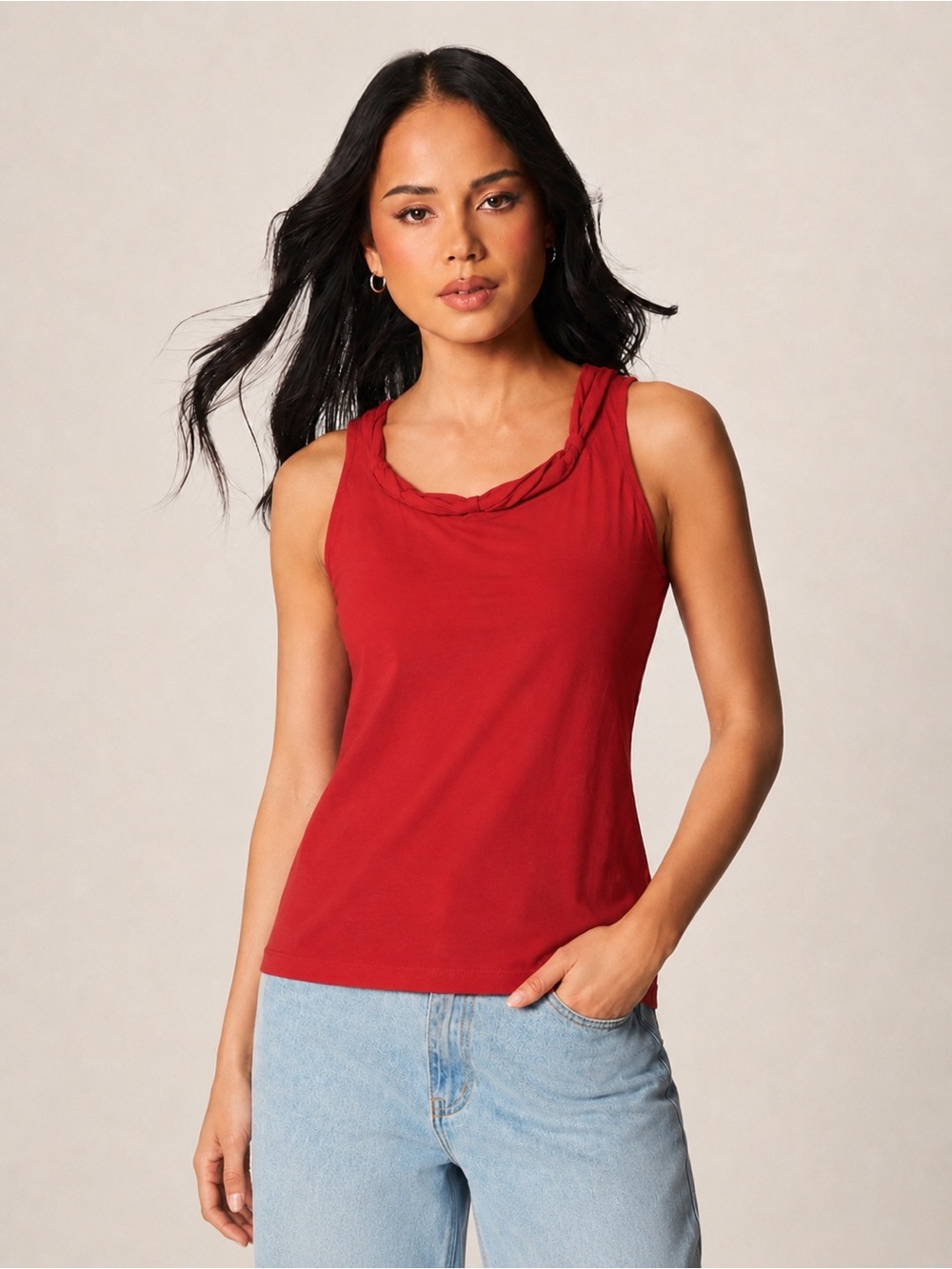 Croft & Barrow Women’s M Red Stretch Cotton Sleeveless Tank Top Braided Neckline